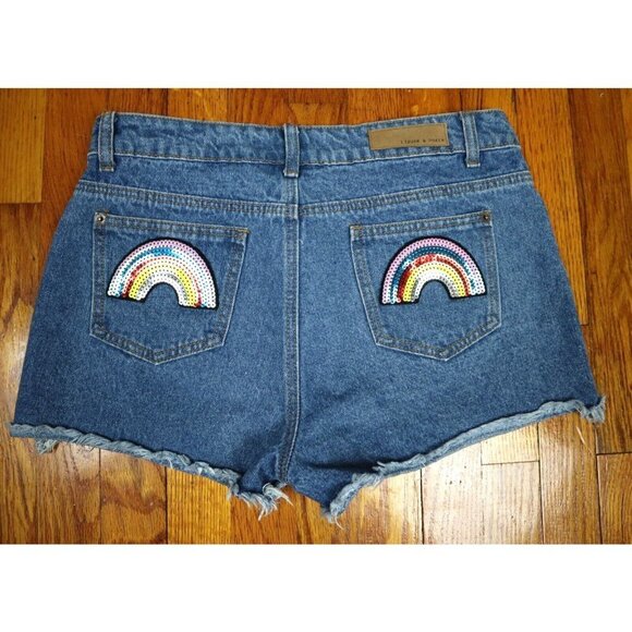 WOMEN'S DENIM JEANS SHORTS - RAINBOW SEQUINS POCKET - LIQUOR N POKER PETITE 12 - Picture 1 of 5